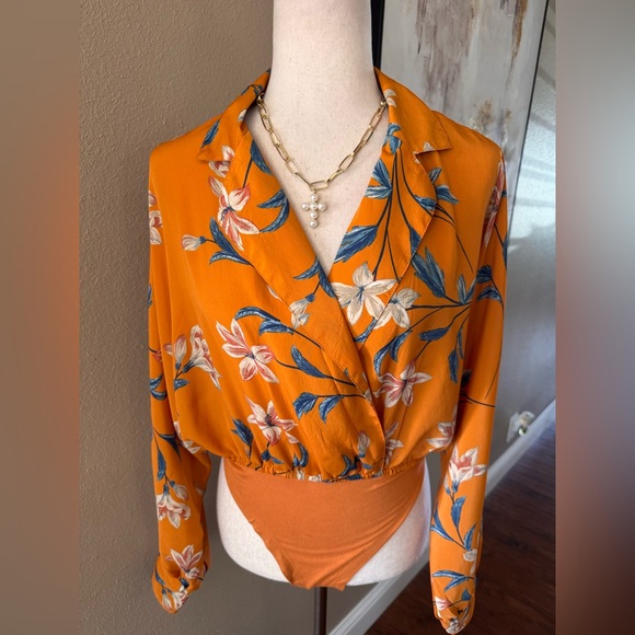 Floral Orange Wrap Long Sleeve Boho Bodysuit - Picture 4 of 9